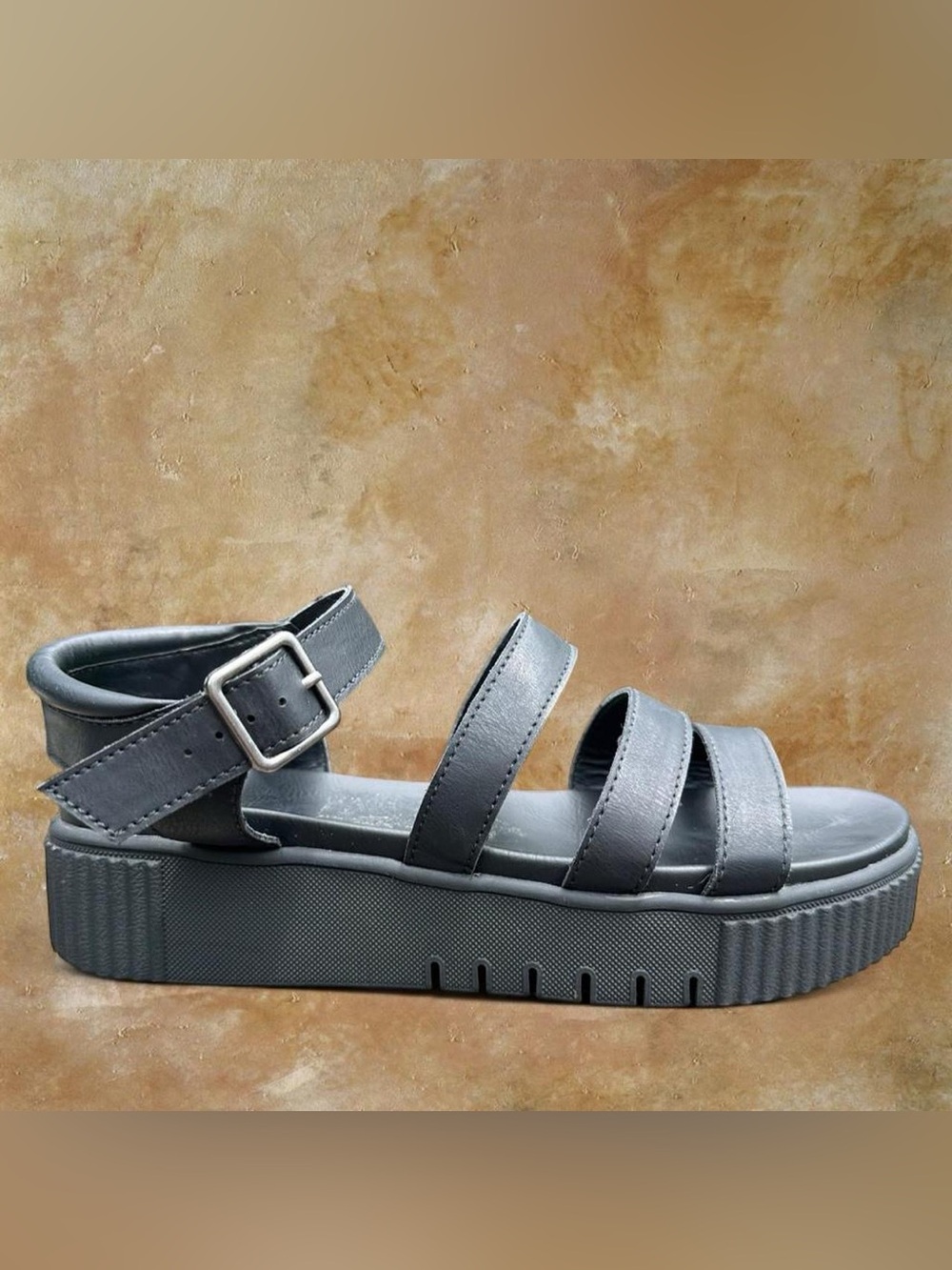 Chunky Platform Strappy Sandals Black/Gray Buckle Ankle Strap Size 10